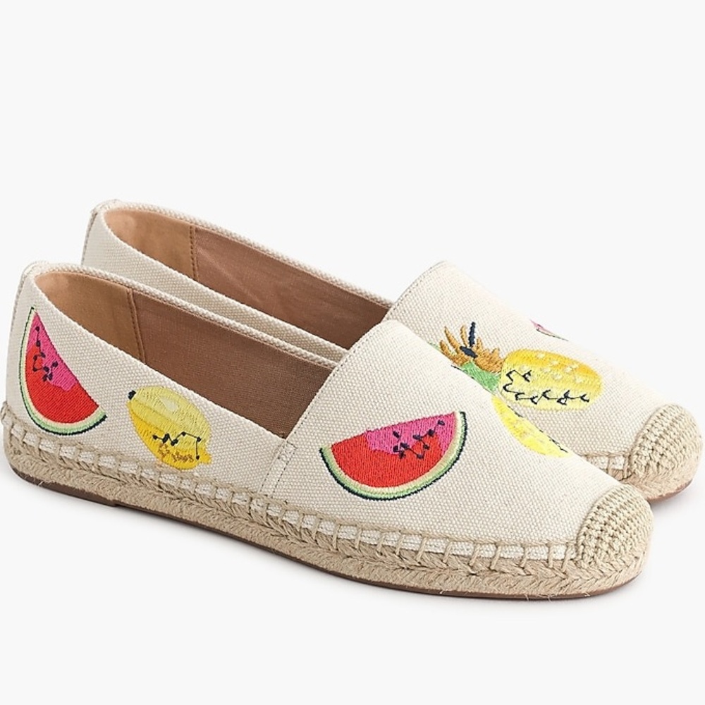 J.Crew Canvas Espadrilles Embroidered Fruit Flats Beige Womens 8.5 Summer Shoes